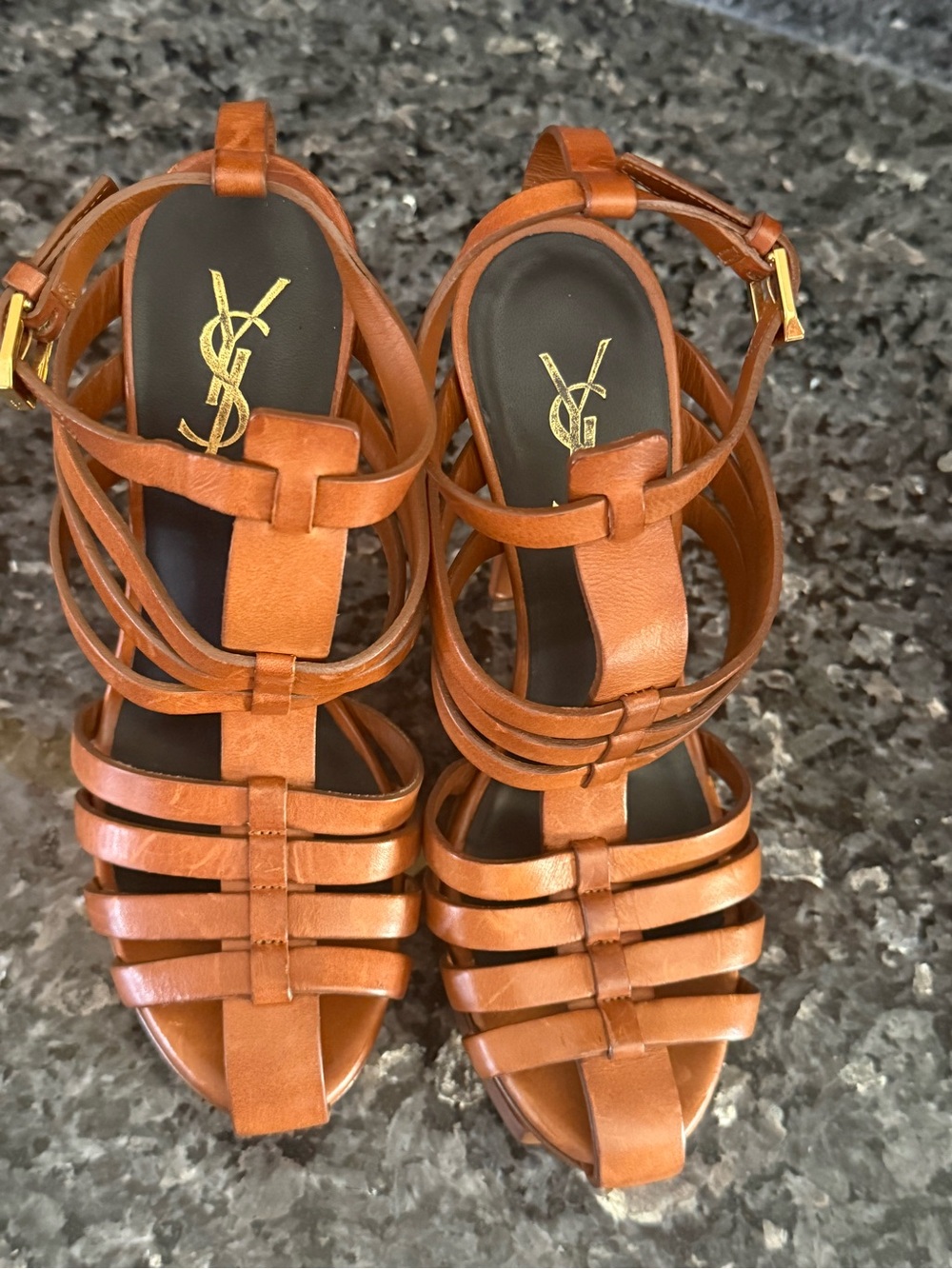 Saint Laurent Cognac Leather Strappy Platform Heels - Picture 2 of 7
